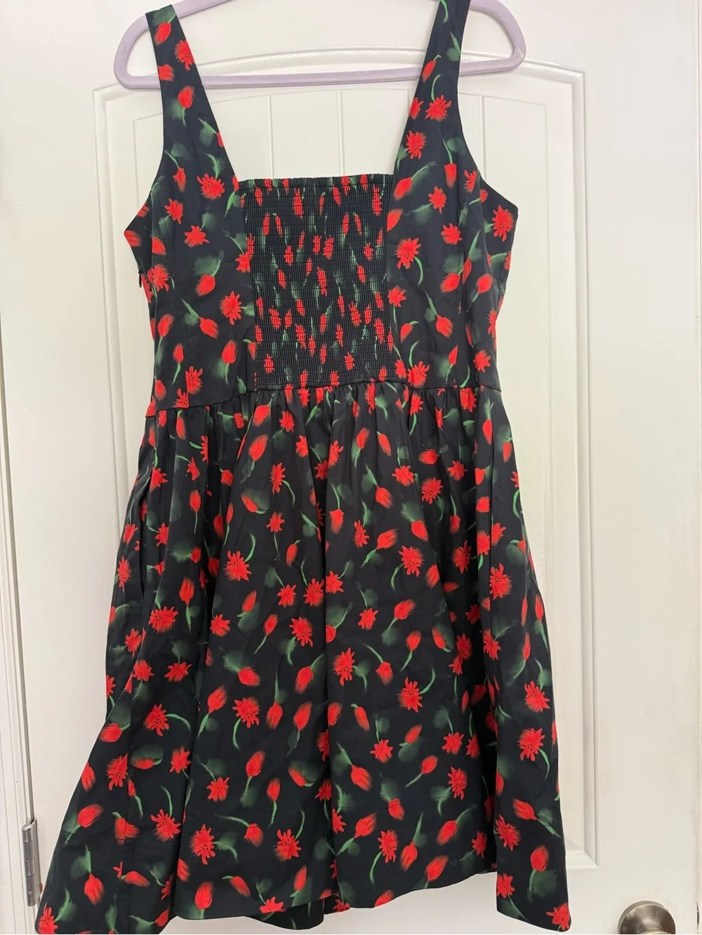 Beautiful fit-n-flare JCrew Black Sundress with Red Floral Daisy Print.